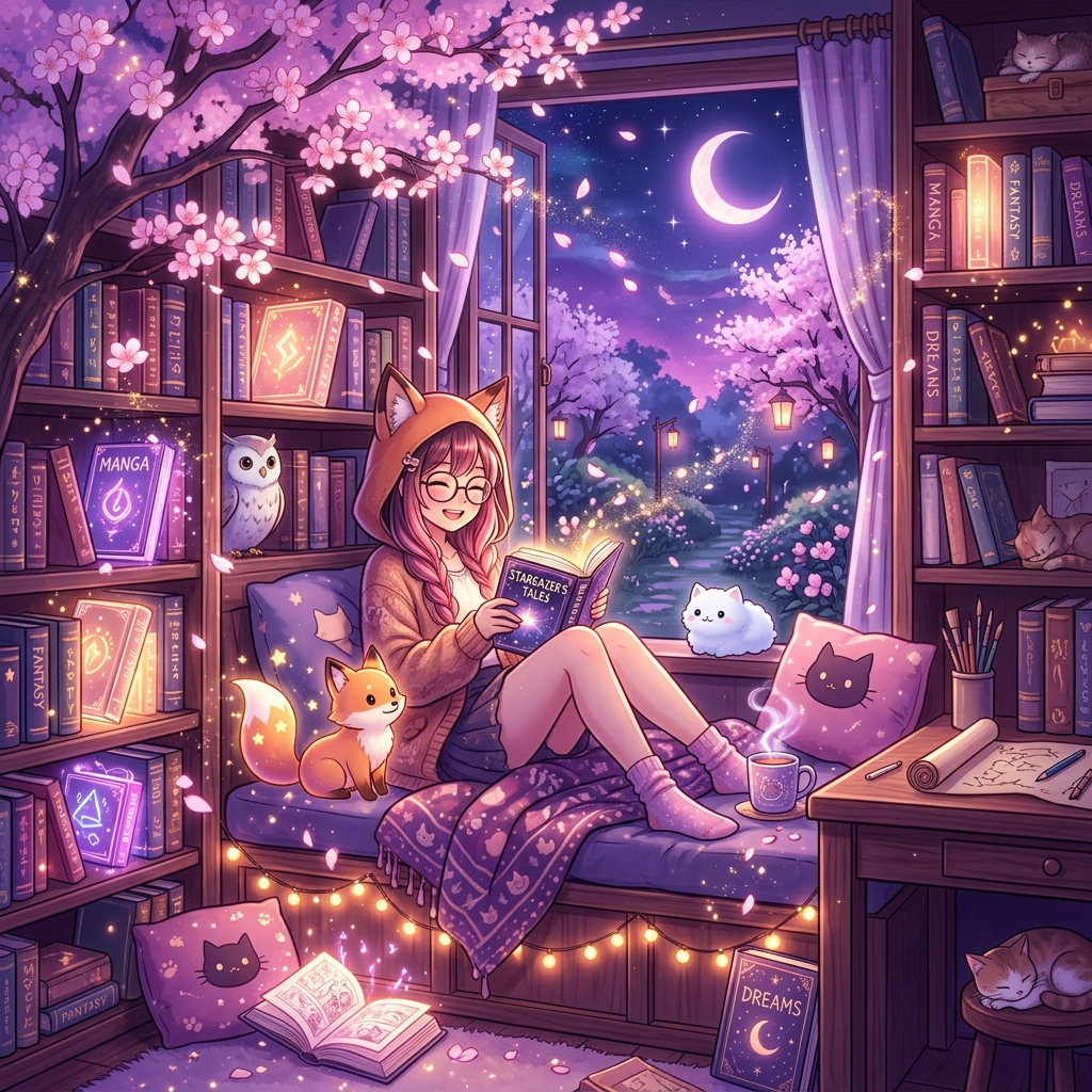 Coin manga magique d'Olivia avec livres et étincelles
